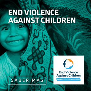 END violence Against children: imagen de niña con logotipo de la entidad junto a un botón de saber más.