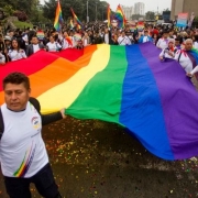 Imagen de personas marchando con la bandera LGBTI