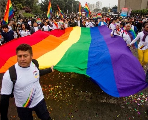 Imagen de personas marchando con la bandera LGBTI