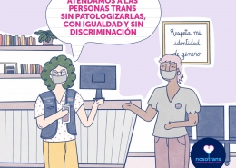 Ilustración por el Día de la Despatologización Trans. Dibujo de una persona trans conversando con un doctora