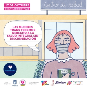 Ilustración por el Día de la Despatologización Trans. Dibujo de una persona trans con un afiche que dice "Norma técnica"