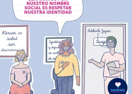Ilustración por el Día de la Despatologización Trans. Dibujo dos personas trans esperando ser atendidas en el hospital