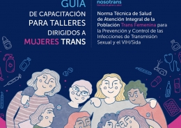 Portada de la Guía de Capacitación para Talleres dirigidos a mujeres trans. Ilustración de un grupo de mujers abrazadas