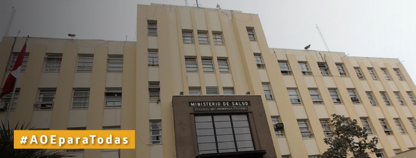 Fotografía de fachada del "Ministerio de salud" con el hashtag #aoeparatodas