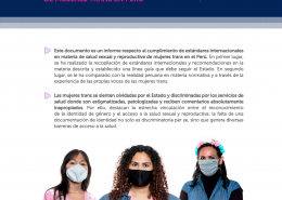 Portadad Resumen ejecutivo de cumplimiento de normas y planes nacionales de salud a favor de las mujeres trans en Perú. Ilustración de tres mujeres trans con mascarilla