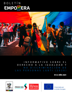 Portada del Boletín Empodera Número 2 del año 2021. Imagen de jóvenes bajo una bandera grande LGBTI