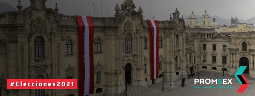 Fotografía de la fachada del Palacio de Gobierno del Perú con el hashtag #Elecciones2021