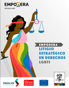 Portada de Empodera Litigio Estratégico en derechos LGBTI. Diseño de una mujer que simboliza la justicia