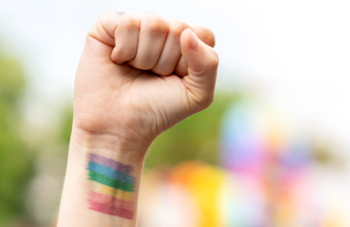Imagen de un mano haciendo un puño y un brazo con una bandera LGBT