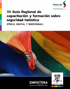 Portada de la Guía Regional de capacitación y formación sobre seguridad holística. Imagen de un brazo con una bandera LGBTI