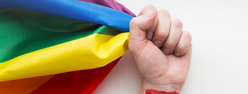 Portada de la Guía Regional sobre organización, participación y liderazgo de las personas LGBTI. Imagen de un mano con una bandera LGBTI