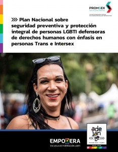 Portada del plan sobre seguridad y protección de personas LGBTI defensoras de derechos humanos. Imagen del rostro de una mujer trans