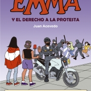 Portada "Emma y el derecho a la protesta", dibujo de policías enfrentántodse con jóvenes