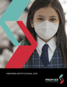 Portada Memoria institucional de Promsex 2021 en español. Ilustración de niña escolar con mascarilla