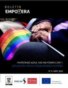 OLETÍN EMPODERA Número 4. Personas adultas LGBTI en el Perú. Ilustraión de dos manos de personas adultas con una bandera LGBTI