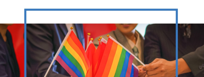 Portada de Informe sobre buenas prácticas para la protección de personas defensoras de derechos humanos. Ilustración de cuatro personas juntando banderas LGBT